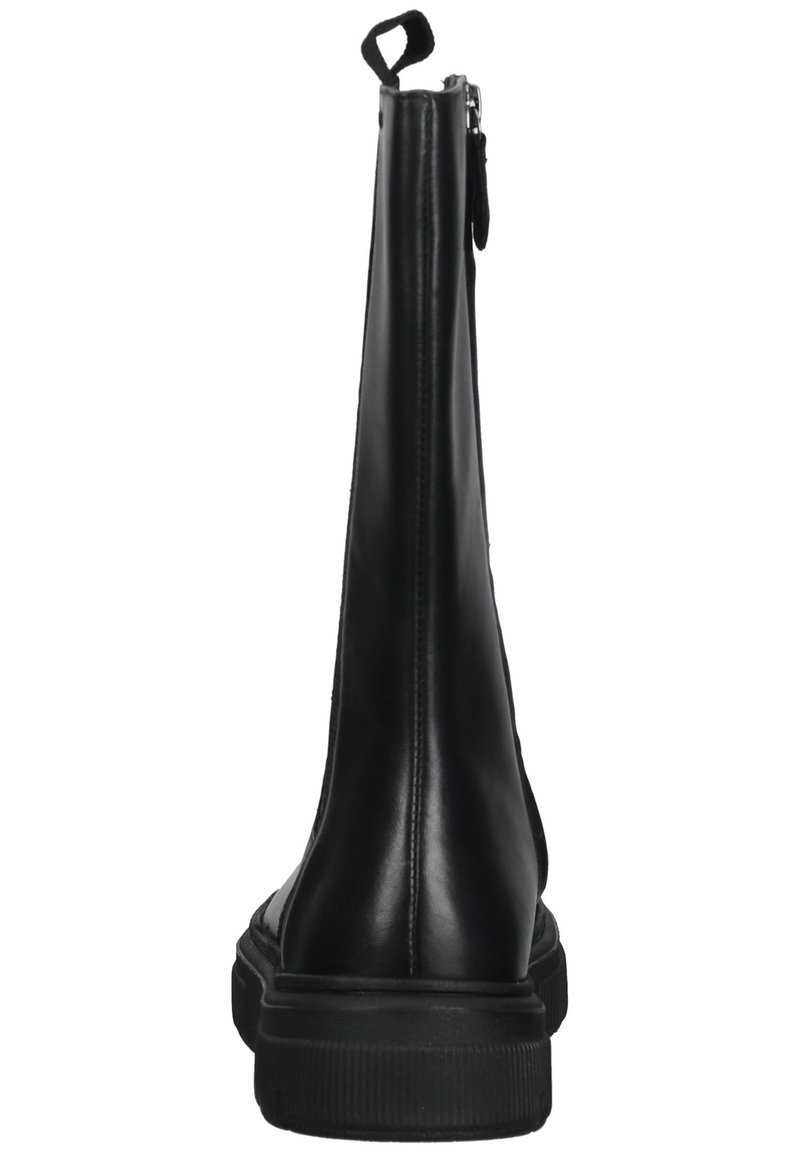 Zwarte leren enkellaars met een gladde afwerking, ritsluiting en gestructureerde zool. Voorzien van een treklipje aan de achterkant voor gemakkelijk aan- en uittrekken.