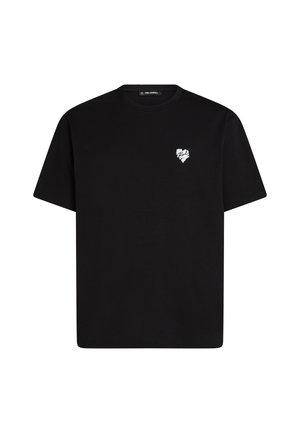 Black cotton t-shirt with short sleeves, round neckline, and a small white heart graphic on the left chest area.