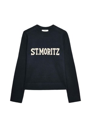 Maglione blu navy con design cropped e testo color crema "ST. MORITZ" lavorato a maglia sul petto. Tessuto morbido e polsini a coste.