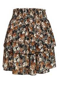 Jupe à volants florale marron avec taille élastique. Présente un mélange de fleurs noires, beiges et crème sur un tissu texturé.