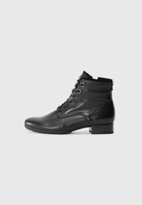 Black leather ankle boots with a rounded toe, lace-up front, and a small block heel. Smooth texture with minimal detailing.