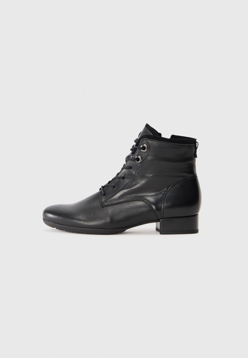 Black leather ankle boots with a rounded toe, lace-up front, and a small block heel. Smooth texture with minimal detailing.