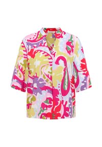 Blusa a maniche corte con un vivace motivo floreale nei colori rosa, verde e giallo su uno sfondo azzurro chiaro, con colletto a nozze.