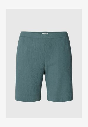 Vidēja garuma viendabīgas tirkīzzilas šorti ar teksturētu audumu un elastīgu jostu, uz vienkārša gaiša fona.