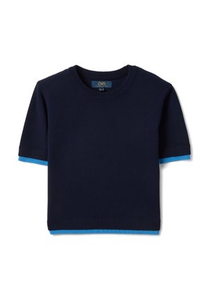 Marineblauer Pullover mit kurzen Ärmeln, hellblauer Einfassung an Ärmelsäumen und unterem Saum, Rundhalsausschnitt und OVS-Markenlabel an der Innenseite des Kragens.