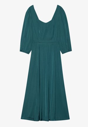 Teal, knee-length dress with a V-neck, puffed long sleeves, and pleated skirt. Made from smooth, draping fabric. No patterns or hardware.