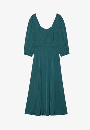 Teal, knee-length dress with a V-neck, puffed long sleeves, and pleated skirt. Made from smooth, draping fabric. No patterns or hardware.