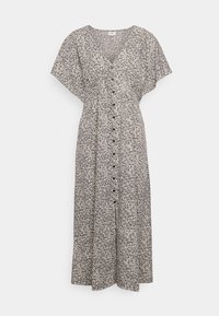 Šaty s květinovým potiskem, krátkými zvlněnými rukávy, výstřihem do V a knoflíky vpředu. Barvy jsou převážně černá a krémová s lehkou tkaninou.