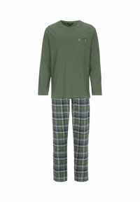 Grünes Langarmshirt mit einer Brusttasche, kombiniert mit karierten Schlafanzughosen in Grün, Marineblau und Weiß, die einen bequemen Sitz bieten.