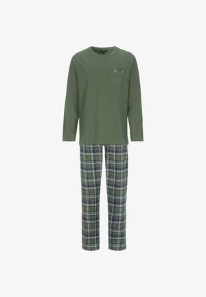 Grünes Langarmshirt mit einer Brusttasche, kombiniert mit karierten Schlafanzughosen in Grün, Marineblau und Weiß, die einen bequemen Sitz bieten.