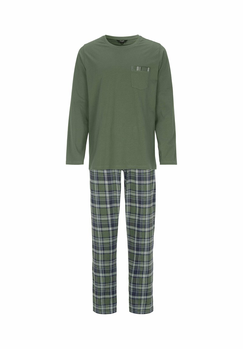 Grünes Langarmshirt mit einer Brusttasche, kombiniert mit karierten Schlafanzughosen in Grün, Marineblau und Weiß, die einen bequemen Sitz bieten.