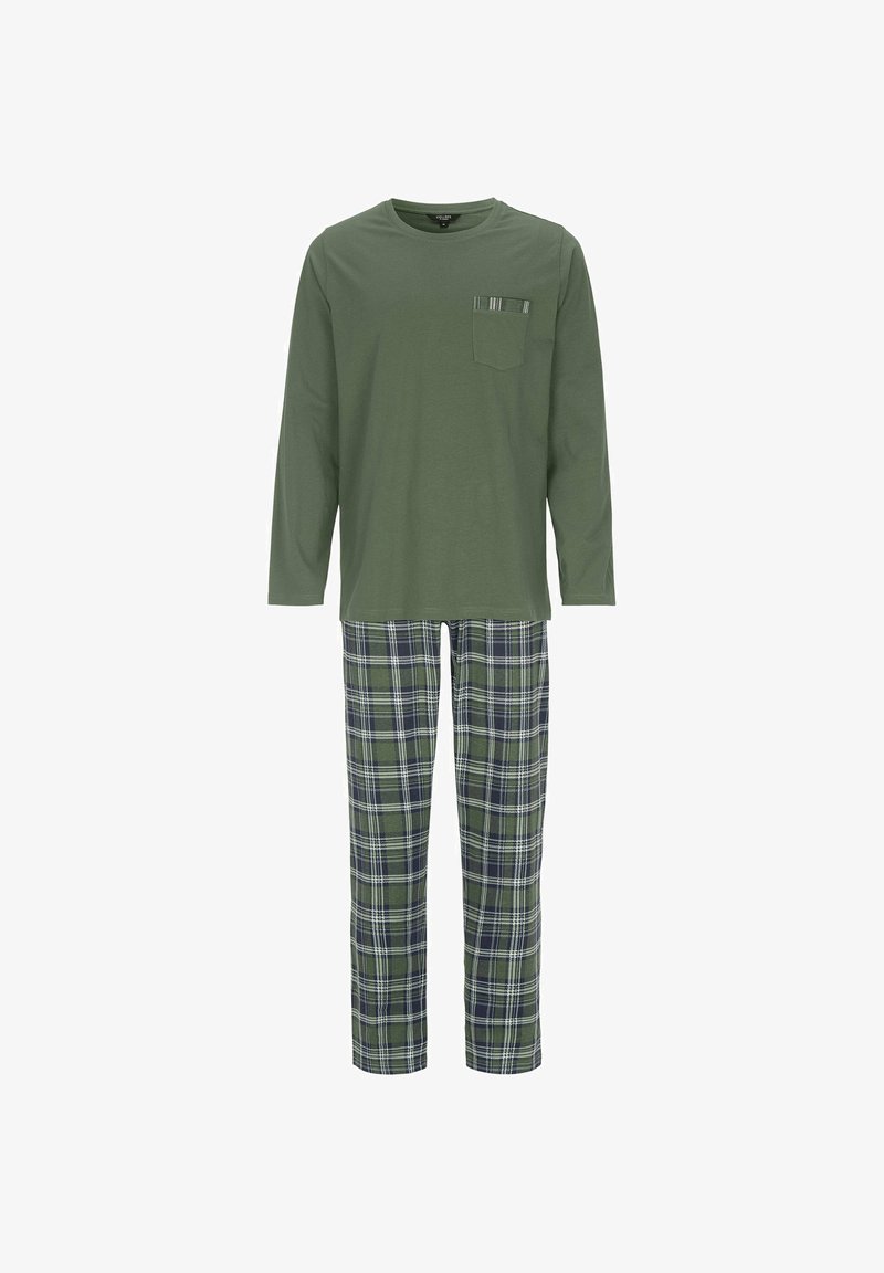 Vihreä pitkähiha T-paita rintataskulla, yhdistettynä vihreisiin, tummansinisiin ja valkoisiin ruutullisiin yöpaidan housuihin, jotka tarjoavat mukavan istuvuuden.