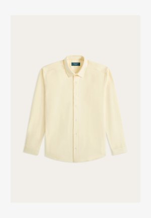 Overhemd met knoopsluiting van zachte stof in zachtgeel, met een klassieke kraag, lange mouwen en witte knopen aan de voorkant.