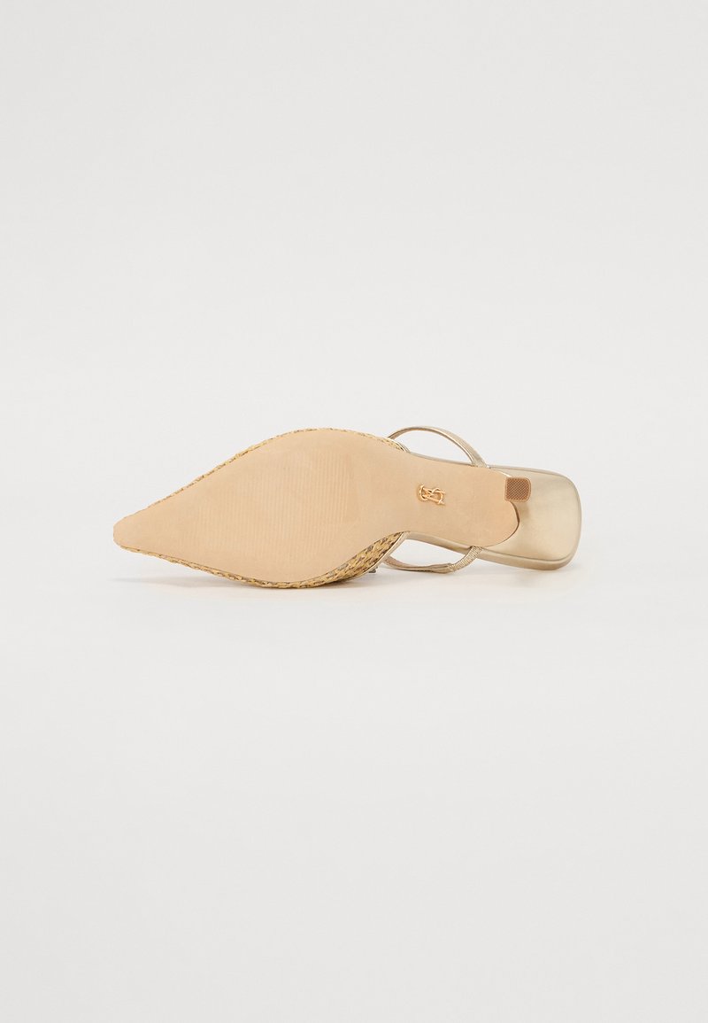 Riemchen-Pumps mit spitz zulaufender Zehenpartie, beigem strukturiertem Innensohle, goldfarbenen Akzenten und gewebtem Absatz. Glatte Oberfläche mit minimaler Detailgestaltung.