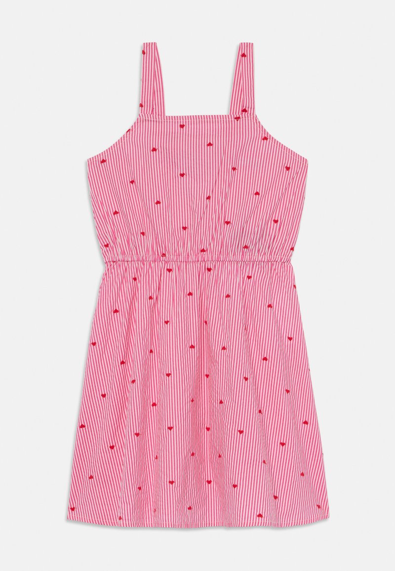 Rožinė dryžuota suknelė su plonomis petnešomis, puošta raudonais širdelės formos siuvinėjimais visoje suknelėje ir elastinga juosmeniu, suteikiančia susiraukimo efektą.