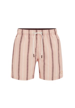 Hele roosa ujumispüksid, millel on vertikaalsed tumepruunid triibud ja valge pael elastse vöökoha ees, eesvaade.