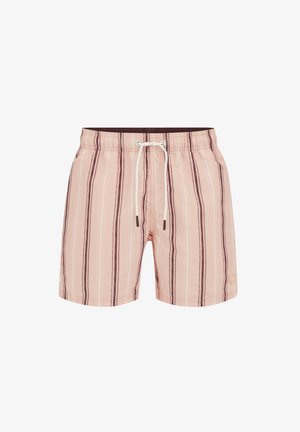 Shorts de bain rose clair à rayures verticales marron foncé et cordon blanc à la taille élastique, vue de face.