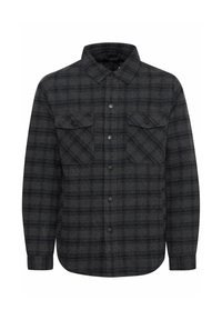 Grijs geruite button-up overhemd gemaakt van flanellen stof, met twee borstzakken, zwarte knopen en een klassiek kraagontwerp.