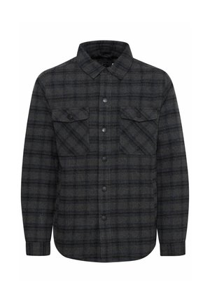 Hallakas mustriga flanellist nööbitav särk, millel on kaks rinna taskut, mustad nööbid ja klassikaline kaelusekujundus.
