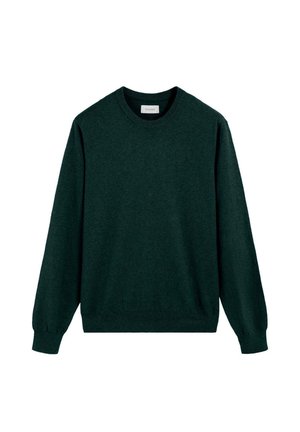 Jersey de cuello redondo y mangas largas de color verde oscuro con puños y bajo acanalados, mostrado sobre un fondo blanco.