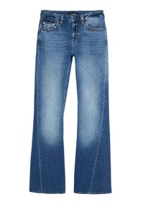 Breda blå denimjeans med en blekt tvätt, med en klassisk femficksdesign, knäppning och sömdetaljer längs sömmarna.