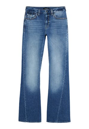 Wide-leg blue denim jeans with a faded wash, featuring a classic five-pocket design, button closure, and stitched detailing along the seams.