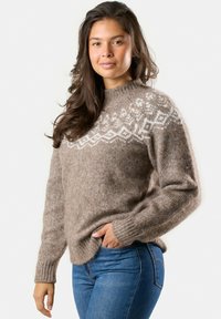 Maglione marrone lavorato a maglia con un leggero motivo geometrico sul collo, maniche lunghe e polsini a costine, abbinato a jeans blu.