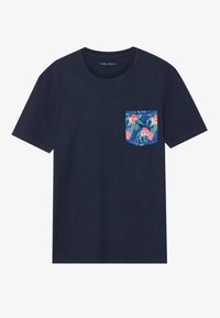 Navy blue T-shirt made of cotton with a round neckline and short sleeves. Features a floral-patterned pocket in shades of blue, pink, and green.