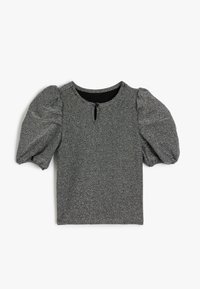 Grau strukturierte Bluse mit Puffärmeln, rundem Ausschnitt und einer Schlaufe am Rücken. Funkelnder Stoff mit einem glatten Innenfutter.