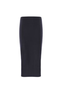 Strick-Bleistiftrock in dunkelblau, mit einem figurbetonten Schnitt und glatter Textur, hohem Bund und ohne sichtbare Verschlüsse oder Muster.