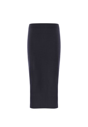 Strick-Bleistiftrock in dunkelblau, mit einem figurbetonten Schnitt und glatter Textur, hohem Bund und ohne sichtbare Verschlüsse oder Muster.