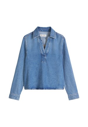 Jasnoniebieska koszula z denimu z długim rękawem, szerokim kołnierzem i dekoltem w szpic z przodu, oznaczona marką Marc O' Polo.