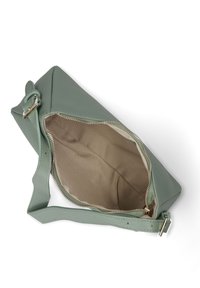 Groene leren tas met een ritssluiting, rechthoekige vorm en een gladde textuur. De binnenkant is van zandkleurige stof en heeft minimale ontwerpelementen.