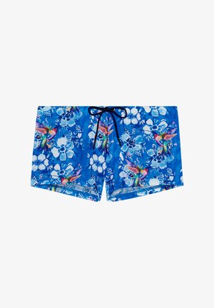 Modré plavky s výrazným květinovým vzorem a kolibříky. Vyrobené z lehkého materiálu, s černým stahovacím páskem v pase.