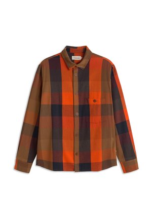 Langärmliges Hemd mit großen orangefarbenen, braunen und schwarzen Karos sowie einer einzelnen Brusttasche.