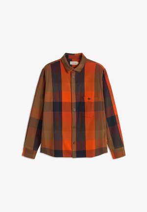 Košulja dugih rukava s velikim narančastim, smeškim i crnim karo uzorkom i jednom kožnom džepom na prsima.