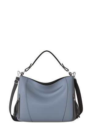 Soft blue leather bag with a black strap, curved design, and zip pockets featuring tassels. Smooth texture with contrasting accents.