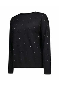Maglione nero a maniche lunghe decorato con piccoli strass argento sparsi, con scollatura tonda e polsini e orlo a coste.