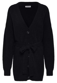 Cardigan negro de punto con escote en V, mangas largas, botones frontales y cinturón atado a la cintura. Textura suave y corte relajado.