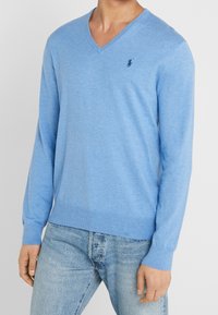 Ljusblå V-ringad pullovertröja i mjukt material, med lång ärm, ribbade mudd och en liten logotyp på vänster bröst.