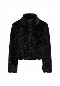 Sort cropped jakke lavet af fuzzy, blødt materiale. Har en bred krave og lange ærmer, med en blød, struktureret overflade.