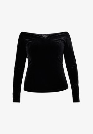 Zwarte fluwelen top met lange mouwen en een off-the-shoulder ontwerp en een getailleerde pasvorm. Heeft een V-halslijn en een soepele textuur.
