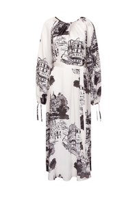 Langes weißes Kleid mit schwarz skizzenhaftem Stadtbilddruck, gerafftem Ausschnitt, langen Ärmeln mit Bändern und einem Taillengürtel.