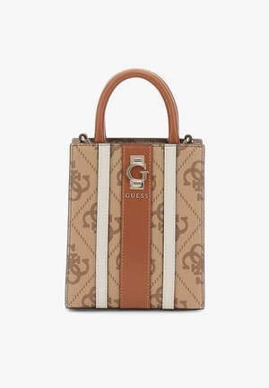 Brown patterned handbag with a tan center stripe, two white side stripes, top handle, and metal logo accent on front.