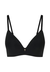 Black triangle bra made of smooth fabric, featuring adjustable straps and a small gold accent at the center. Simple and modern design.