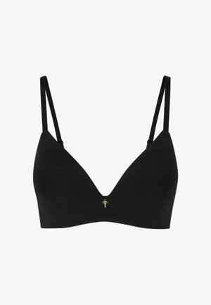 Black triangle bra made of smooth fabric, featuring adjustable straps and a small gold accent at the center. Simple and modern design.