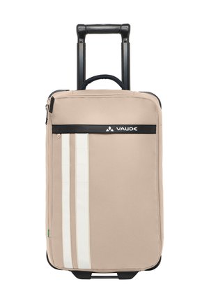 Valigia a rotelle beige con accenti neri, caratterizzata da un design bicolor, strisce bianche verticali e manico retrattile. Logo Vaude visibile.