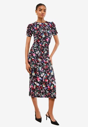 PETITE FIT - SHORT SLEEVE  RUCHED MIDI  - Džersejové šaty - black floral
