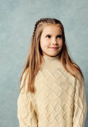 Maglione lavorato a maglia in beige chiaro con motivo a rombi e colletto alto a coste. Capelli lunghi con trecce, su uno sfondo blu chiaro.