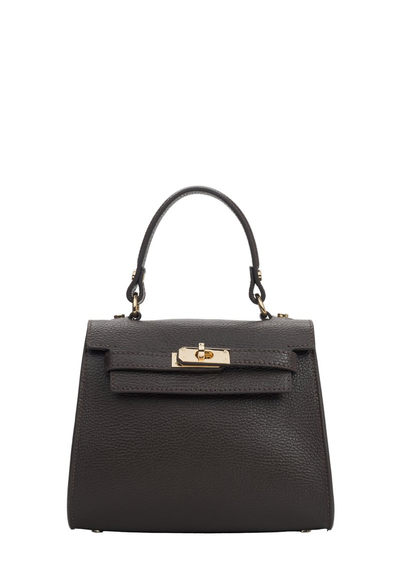 Czarna skórzana torebka o zrównoważonym kształcie, z górną rączką i złotymi akcentami. Posiada klapkę z przodu z zapięciem na zatrzask.